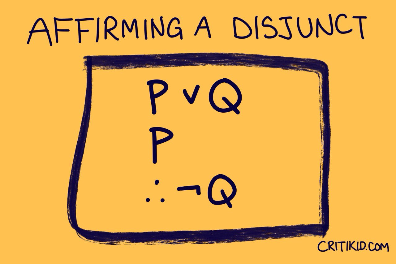 Title at the top reads Affirming a Disjunct. Text below it reads, in logical symbols, P or Q. P. Therefore, not Q. Website critikid.com appears in the bottom corner.