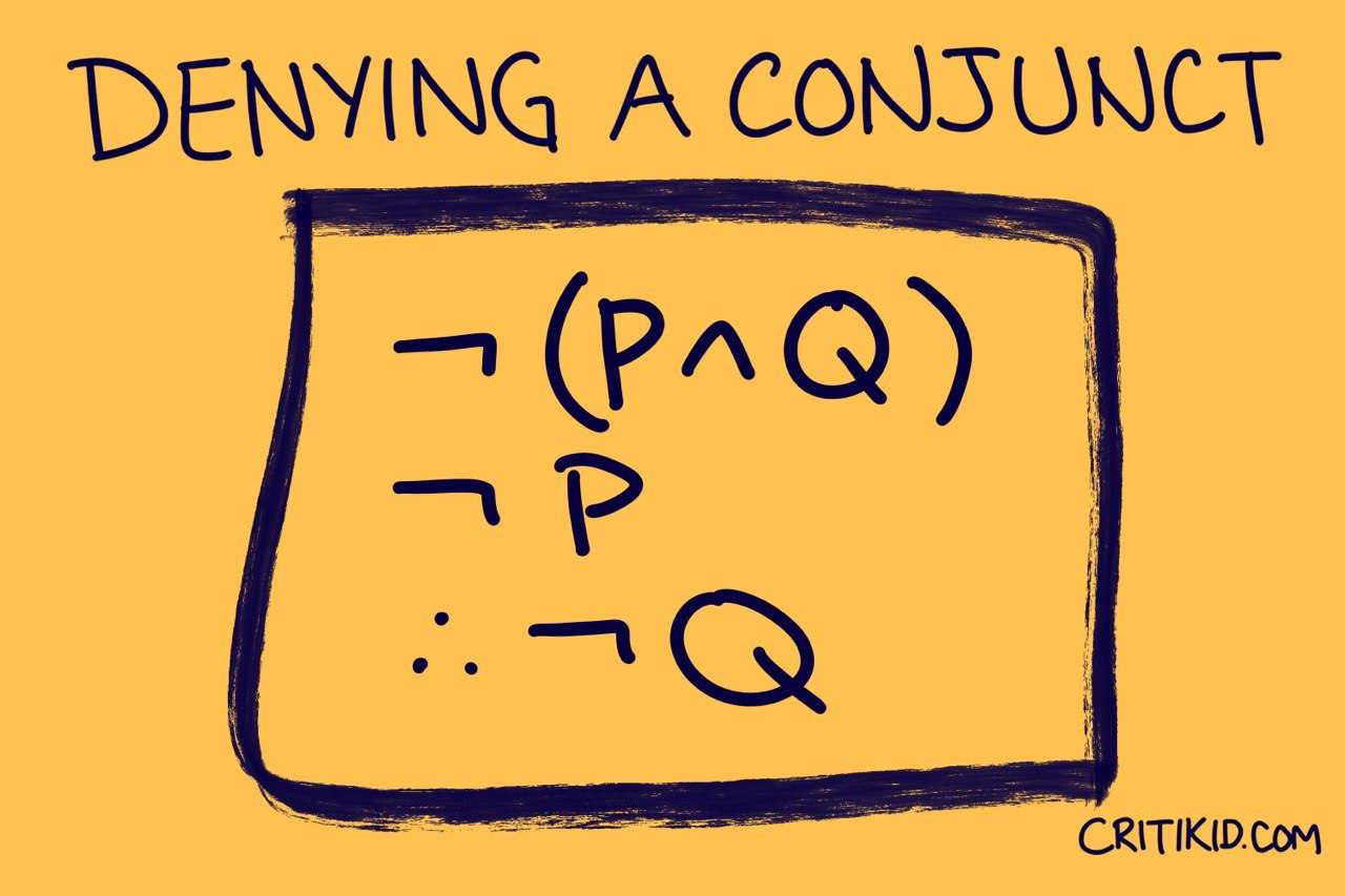 Title at the top reads Denying a Conjunct. Text below it reads, in logical symbols, Not both P and Q. Not P. Therefore, not Q. Website critikid.com appears in the bottom corner.