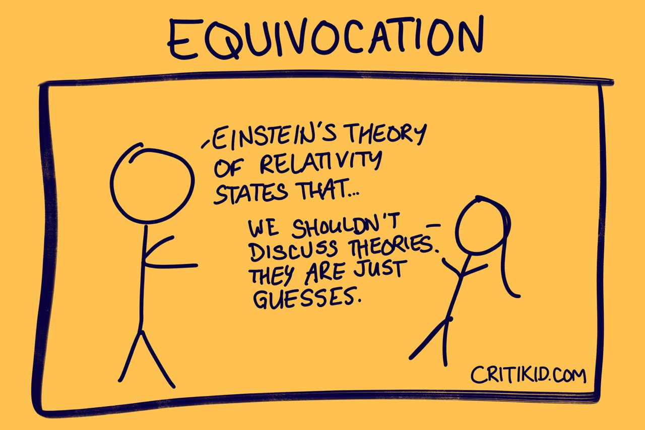 Title at the top reads Equivocation. Cartoon with two stick figures. The first says Einstein's theory of relativaty states that. The second interrupts and says we shouldn't discuss theories because they are just guesses. Website critikid.com appears in the bottom corner.