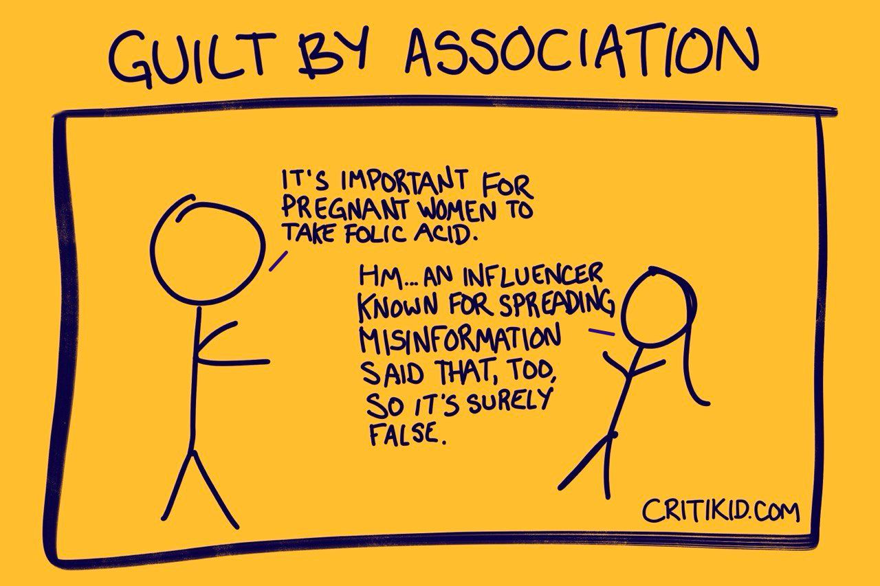 Title at the top reads Guilt by Association. Cartoon with two stick figures. The first says it is important for pregnant women to take folic acid. The second dismisses the statement because an influencer known for spreading misinformation has said the same thing.  Website critikid.com appears in the bottom corner.