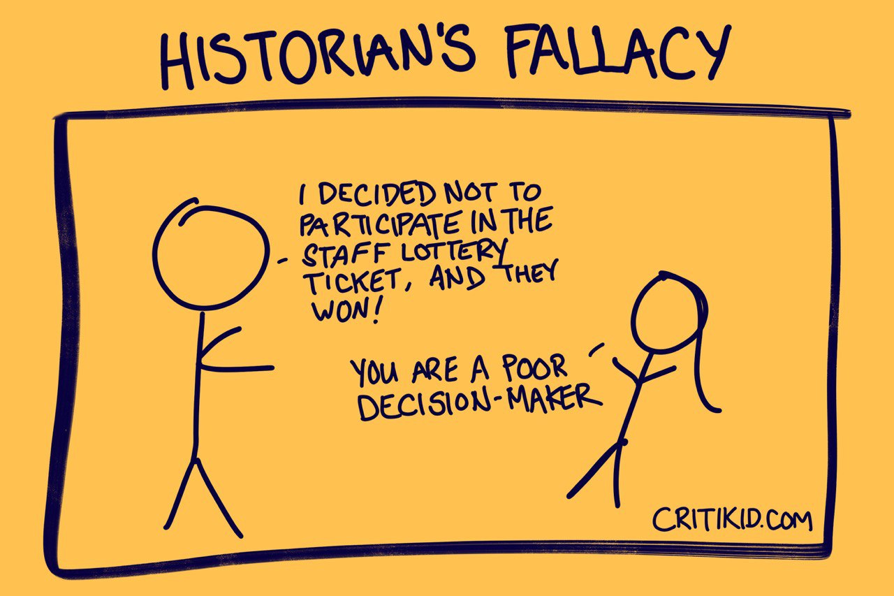 Title at the top reads Historian's Fallacy. Cartoon with two stick figures. The first says I decided not to participate in the staff lottery ticket and they won. The second says you are a poor decision maker. Website critikid.com appears in the bottom corner.