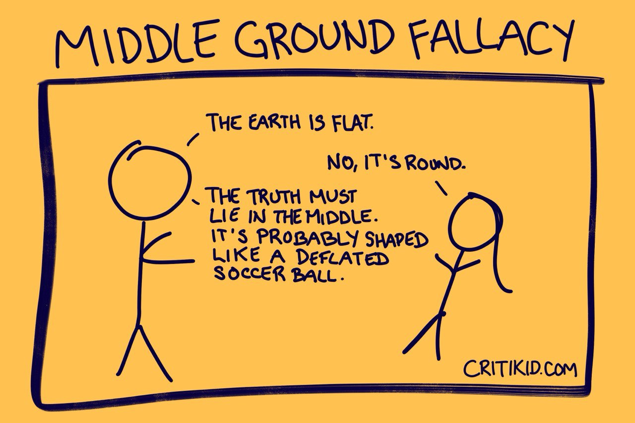 Title at the top reads Middle Ground Fallacy. Cartoon with two stick figures. The first says the earth is flat. The second says the earth is round. The first concludes the truth must lie in the middle, so the earth is probably shaped like a deflated soccer ball. Website critikid.com appears in the bottom corner.