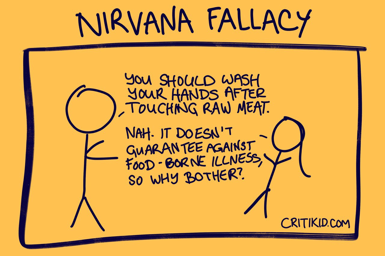 Title at the top reads Nirvana Fallacy. Cartoon with two stick figures. The first says you should wash your hands after touching raw meat. The second says nah, it doesn't guarantee against food-borne illness, so why bother. Website critikid.com appears in the bottom corner.