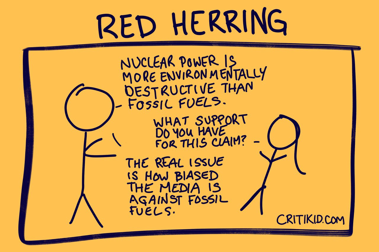 Title at the top reads Red Herring. Cartoon with two stick figures. The first says nuclear power is more environmentally destructive than fossil fuels. The second says what support do you have for this claim. The first says teh reasl issue is how biased the media is against fossil fuels. Website critikid.com appears in the bottom corner.