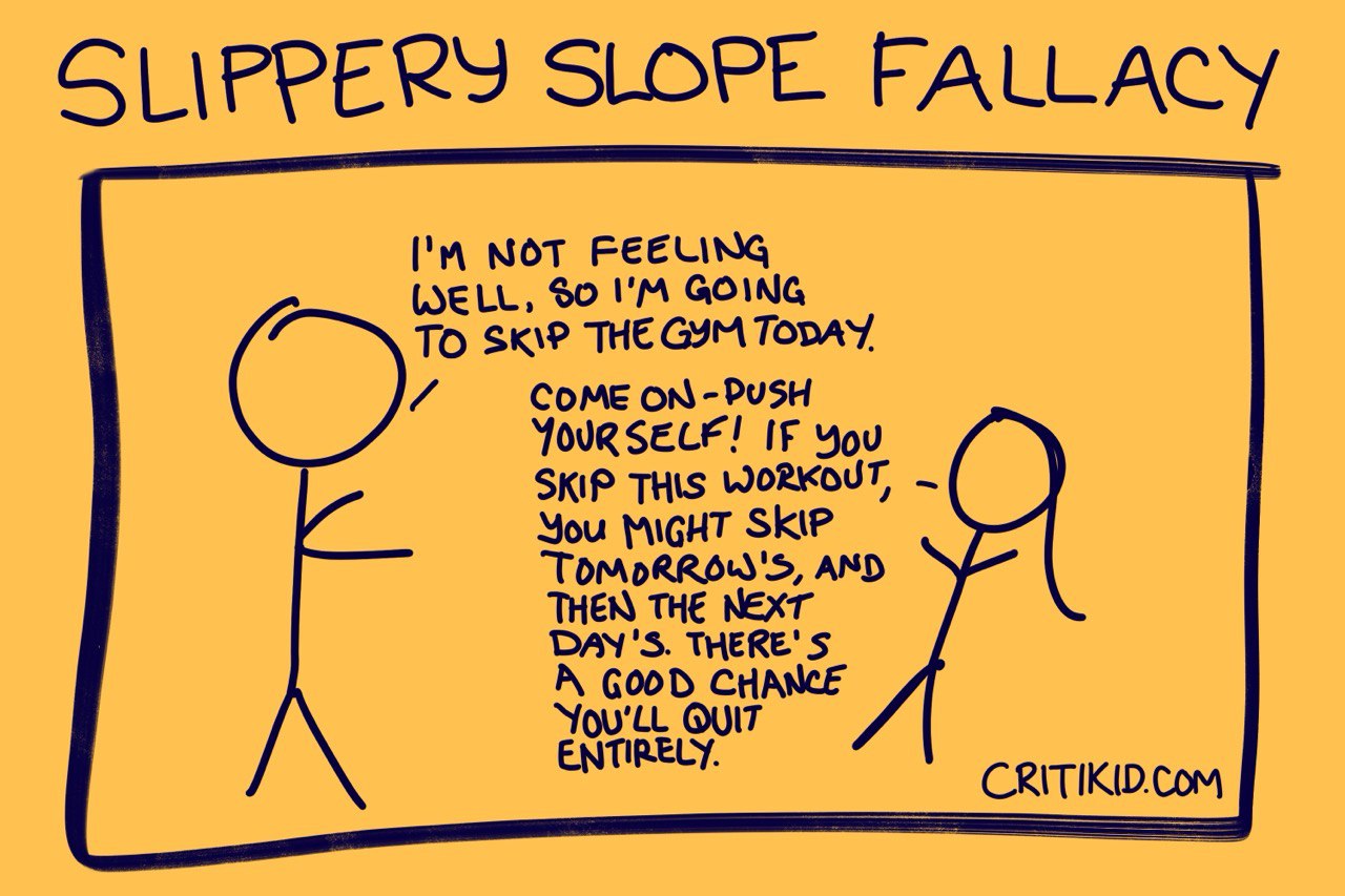 Title at the top reads Slippery Slope Fallacy. Cartoon with two stick figures. The first says they are not feeling well and will skip the gym today. The second warns that skipping one workout could lead to skipping more and eventually quitting entirely. Website critikid.com appears in the bottom corner.