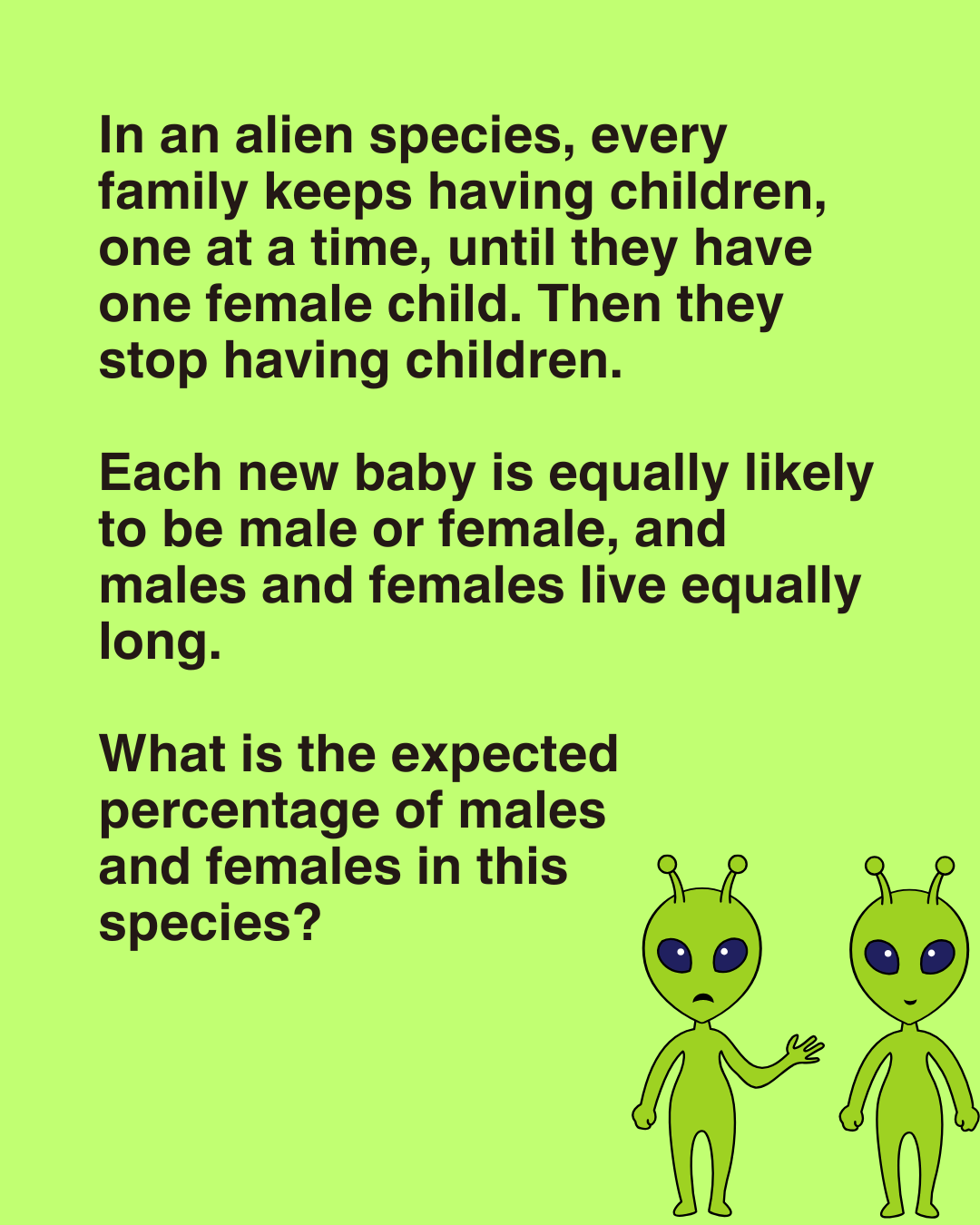 In an alien species, every family keeps having children, one at a time, until they have one female child.